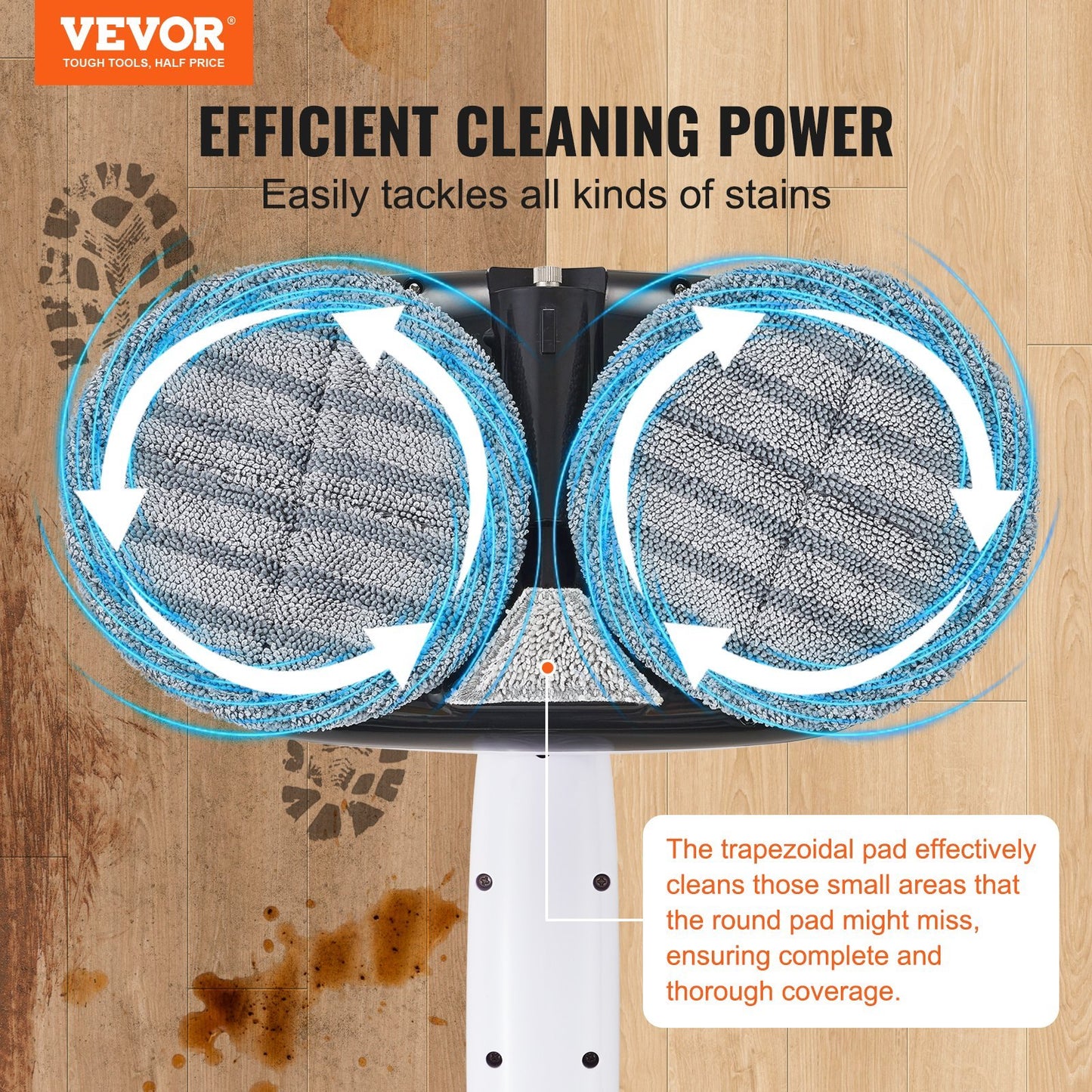 VEVOR Cordless Electric Mop, Electric Spin Mop With Water Tank, Up To 40 Mins Battery, LED Headlight, Dual Mop Heads, 4 Microfiber Pads 4 Trapezoid Microfiber Pads, For Hardwood Tile Floor Cleaning