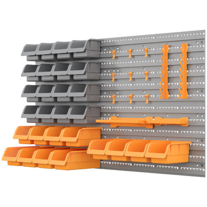 DURHAND 44 Piece Wall Mounted Pegboard Tool Organizer Rack Kit With Various Sized Storage Bins, Pegboard, & Hooks, Orange