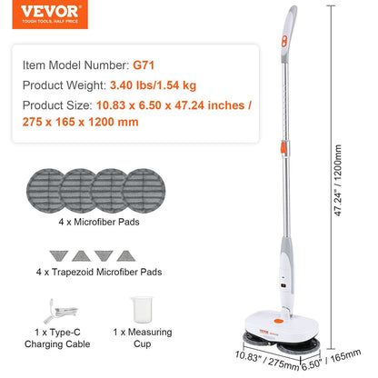 VEVOR Cordless Electric Mop, Electric Spin Mop With Water Tank, Up To 40 Mins Battery, LED Headlight, Dual Mop Heads, 4 Microfiber Pads  4 Trapezoid Microfiber Pads, For Hardwood Tile Floor Cleaning