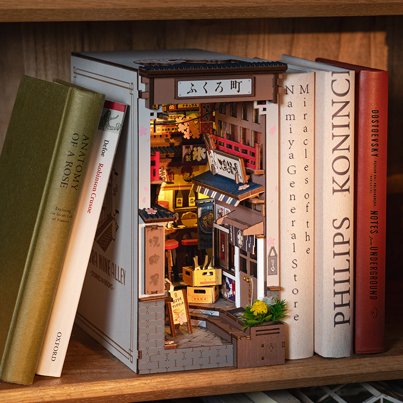 ROBOTIME DIY Book Nook Kit - Sakura Wine Alley With LED Lights, 3D Wooden Miniature Dollhouse Puzzle, Creative Bookend Bookshelf Decor, Unique Gift For Adults