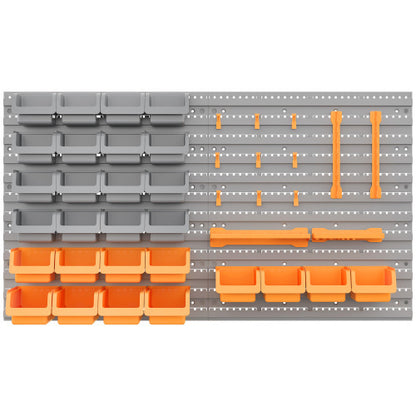 DURHAND 44 Piece Wall Mounted Pegboard Tool Organizer Rack Kit With Various Sized Storage Bins, Pegboard, & Hooks, Orange