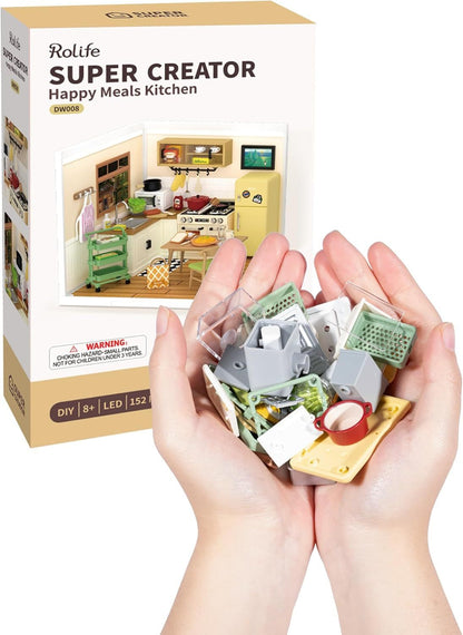 ROBOTIME Rolife Happy Meals Kitchen Miniature House Kits Super World Dolls House Model Kits With Furniture And Accessories Christmas Dollhouse For Girls Craft Kits For Adults DW008