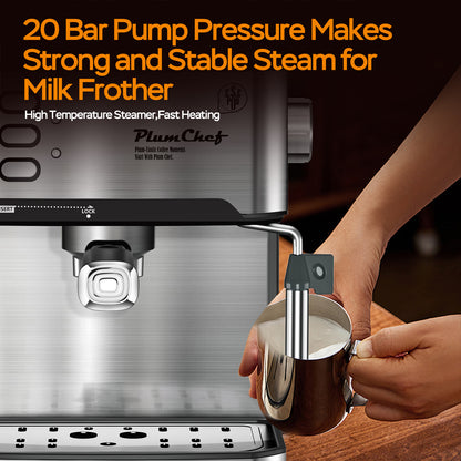 20 Bar Professional Espresso Machine With Milk Frother, Single & Double Shot, ESE Pod Compatible, Visual Display Of Pressure, Removable Water Tank For Cappuccino, Latte, Machiato For Home Barista